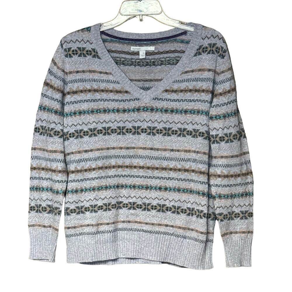 Old Navy wool blend sweater striped grandpacore vneck pullover women’s size XL